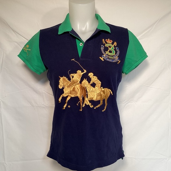 Ralph Lauren Tops - Ralph Lauren Sport Challenge Cup Crest Polo Navy Green Gold Embroidery Women’s